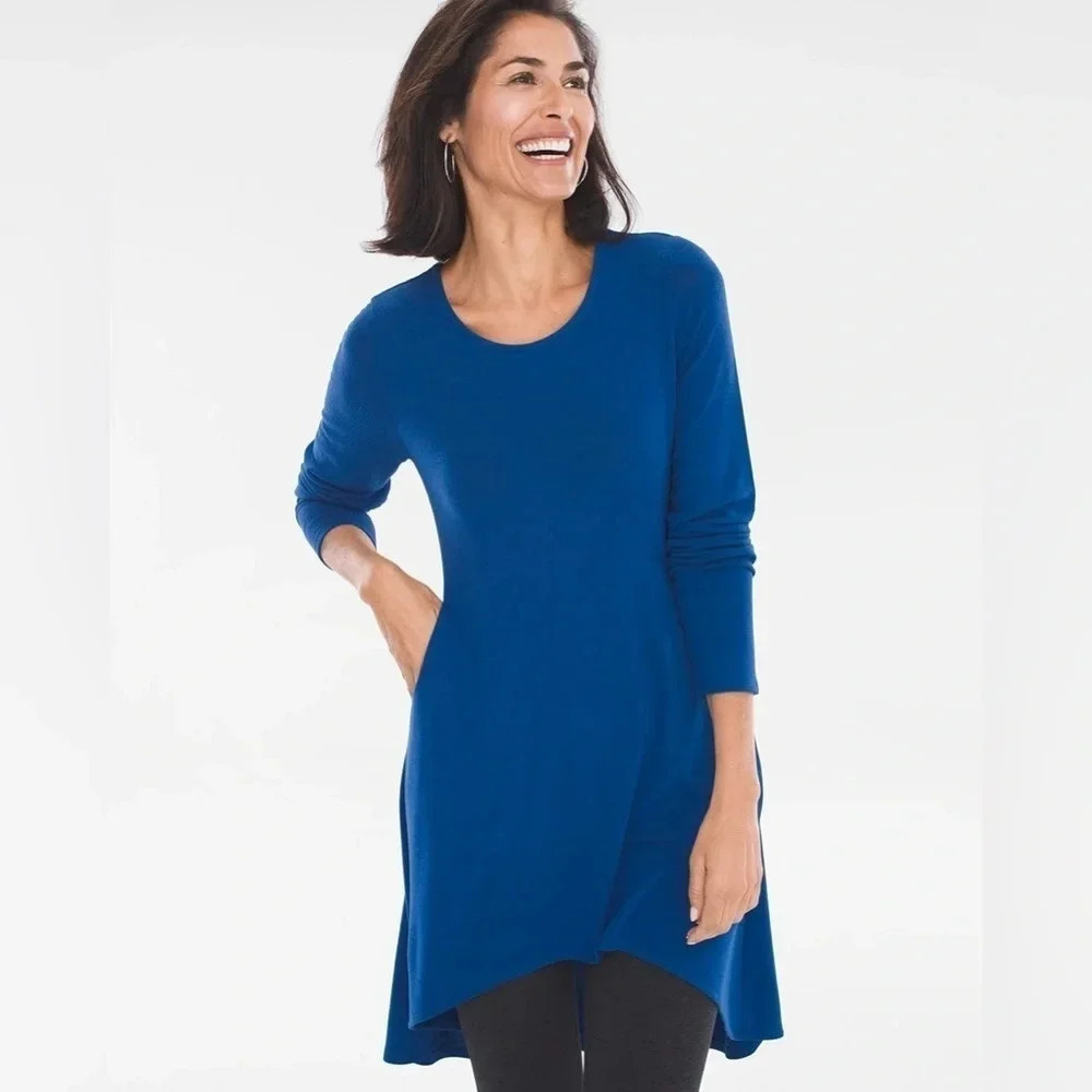 Chico’s Lagenlook Mature Button Back Blue High Low Cozy Chic Tunic Top